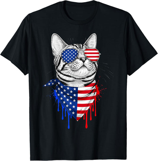 American Short Hair Patriotic 4th of July USA Flag T-Shirt