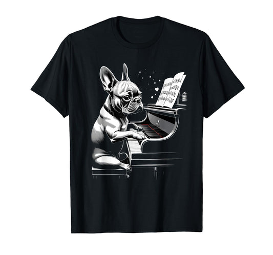 Cute French Bulldog Playing Piano Funny Dog and Piano Lover Men Women Kids T-Shirt