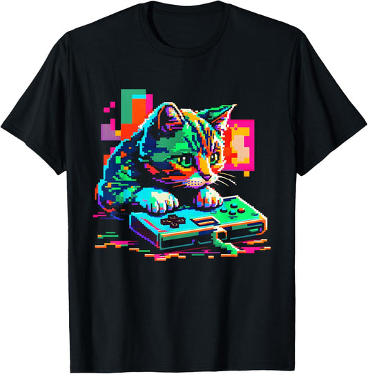 Cat Gaming 8-bit Gaming Cat Pixel Art Gamer Kitten T-Shirt