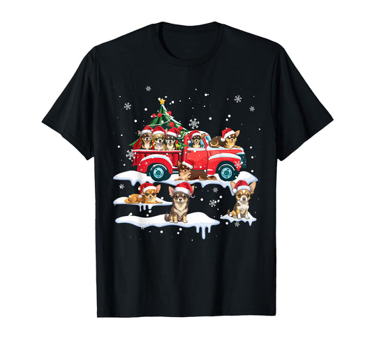 Chihuahua Dog Riding Red Truck Ugly Sweater Merry Christmas T-Shirt