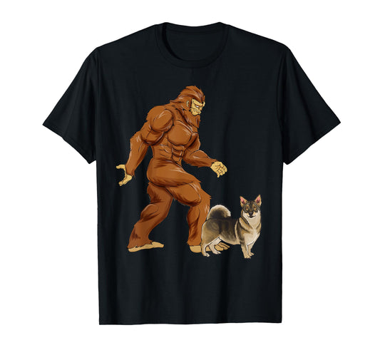 Funny Bigfoot Walking Swedish Vallhund Sasquatch Dog Men Women Kids T-Shirt