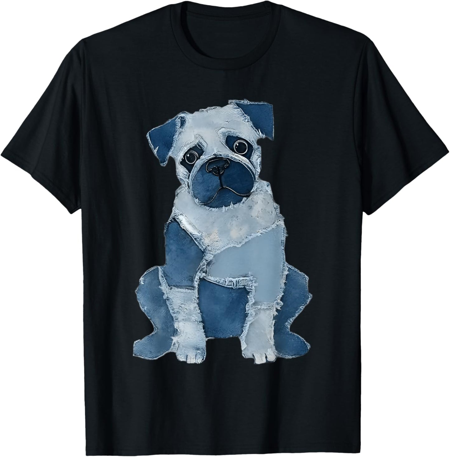 Cute Dog Patchwork Denim Art Funny Pug Dog Lover T-Shirt