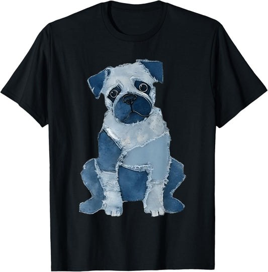 Cute Dog Patchwork Denim Art Funny Pug Dog Lover T-Shirt