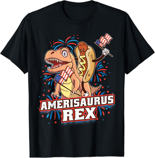 Dinosaur & hotdog 4th of July Amerisaurus T Rex Funny T-Shirt