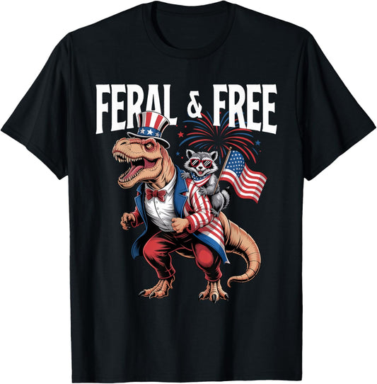 Cute Raccoon Dinosaur T Rex 4th of July Independence Day Kid T-Shirt