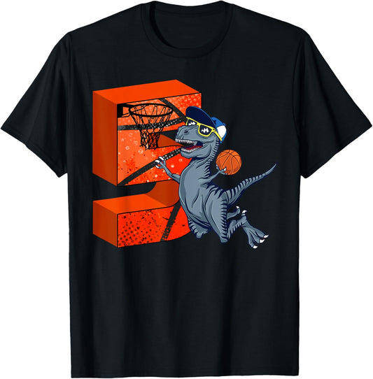 Kids 5 Year Old Basketball T-rex 5th Birthday Boy Dinosaur T-Shirt