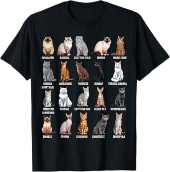 Types of Cats Educational Cat Breeds Chart Guide T-Shirt for Men Women Girls Kids