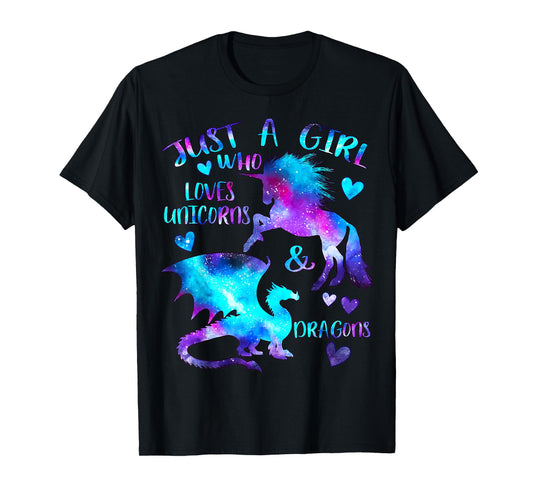 Just a Girl Who Loves Dragons and Unicorns Fantasy Themed T-Shirt