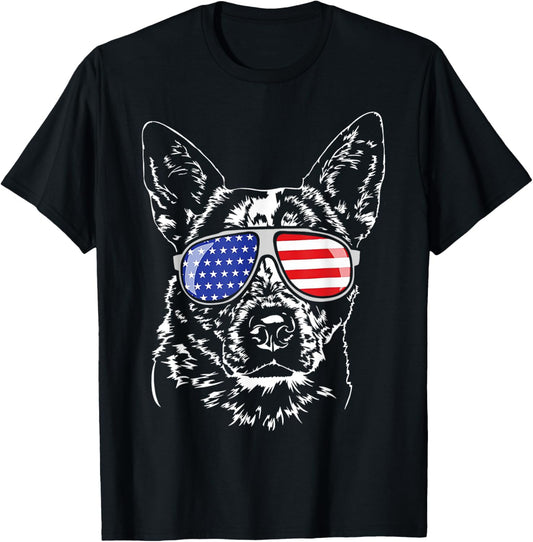 Blue Heeler Dog 4th of July American Flag Sunglasses T-Shirt