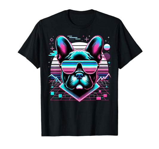 Cool Frenchie 80s Retrowave 90s Vaporwave French Bulldog Men Women Kids T-Shirt