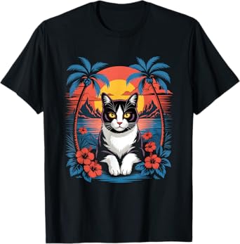Tuxedo Cat Hawaiian Summer Tropical Beach Vacation Graphic T-Shirt for Men Women