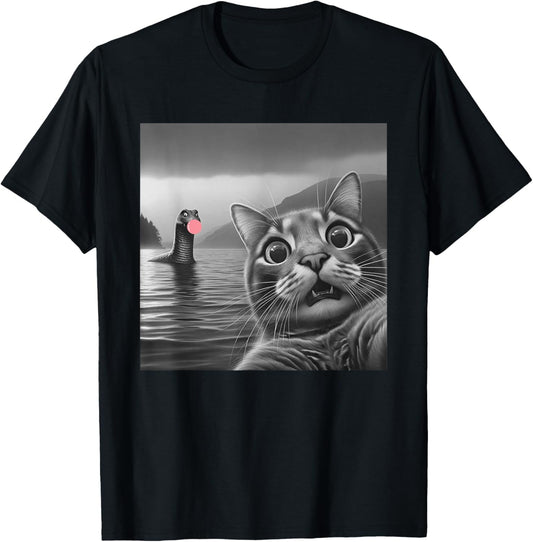 Funny Surprised Cat Selfie with Loch Ness Monster, Bubble T-Shirt