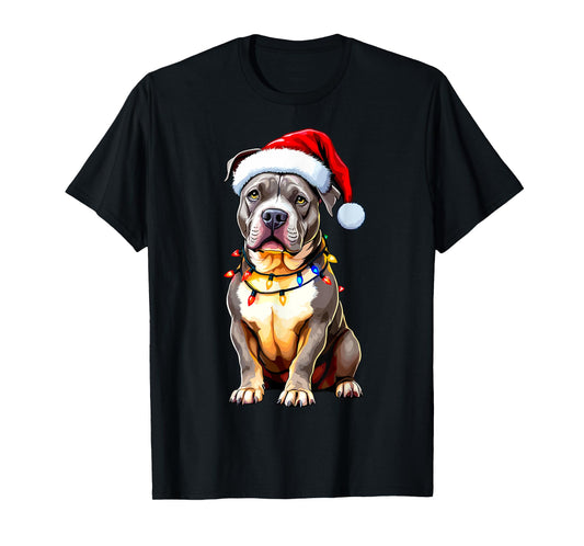 Funny Pitbull Pittie Santa Dog Lover Xmas Christmas Lights T-Shirt for Men Women Kids