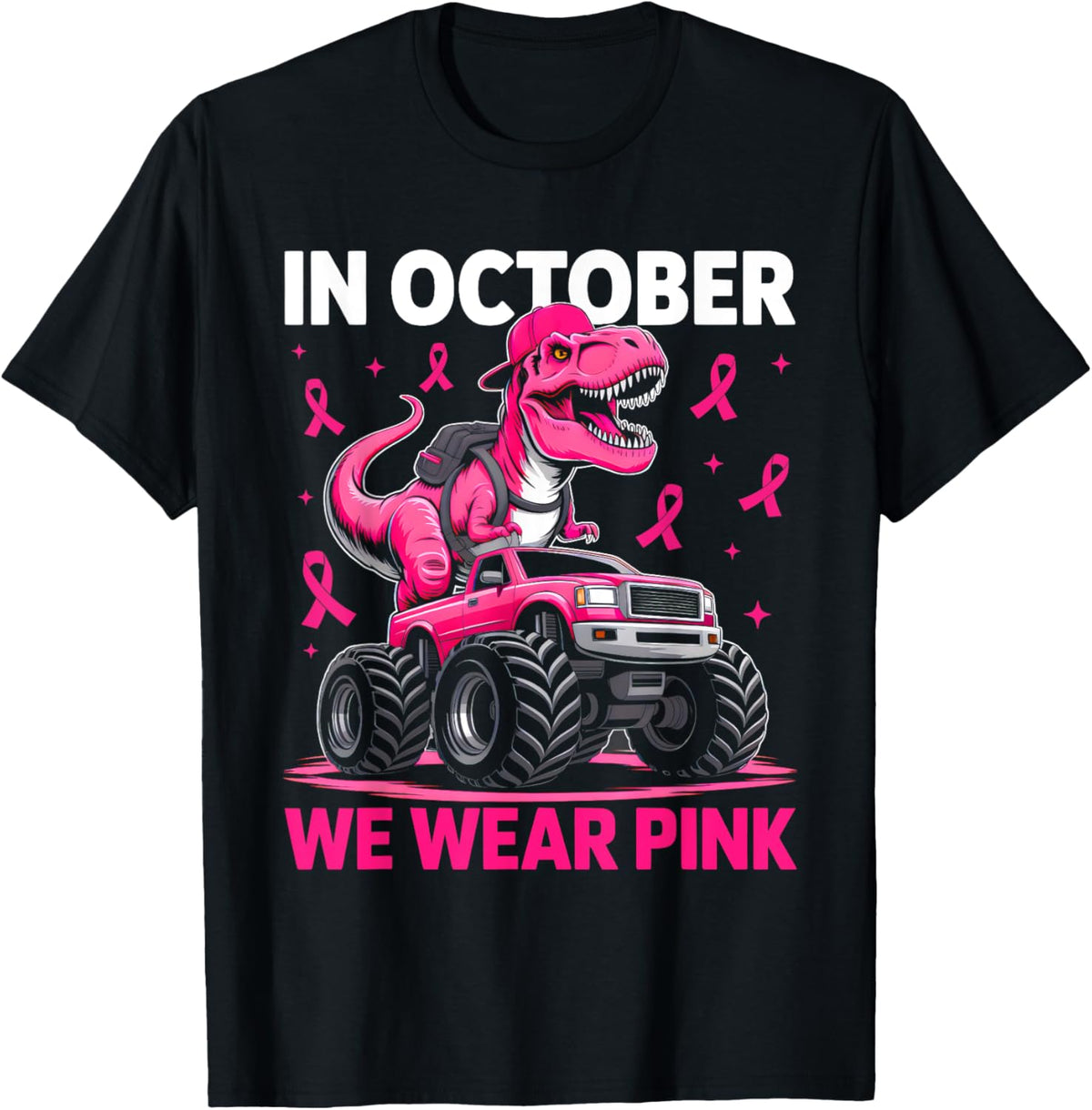 In October We Wear Pink Ribbon Dinosaur Boys Breast Cancer T-Shirt