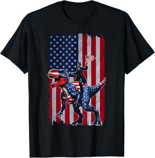 Dino Abraham Lincoln 4th Of July Shirt Boys American Flag T-Shirt