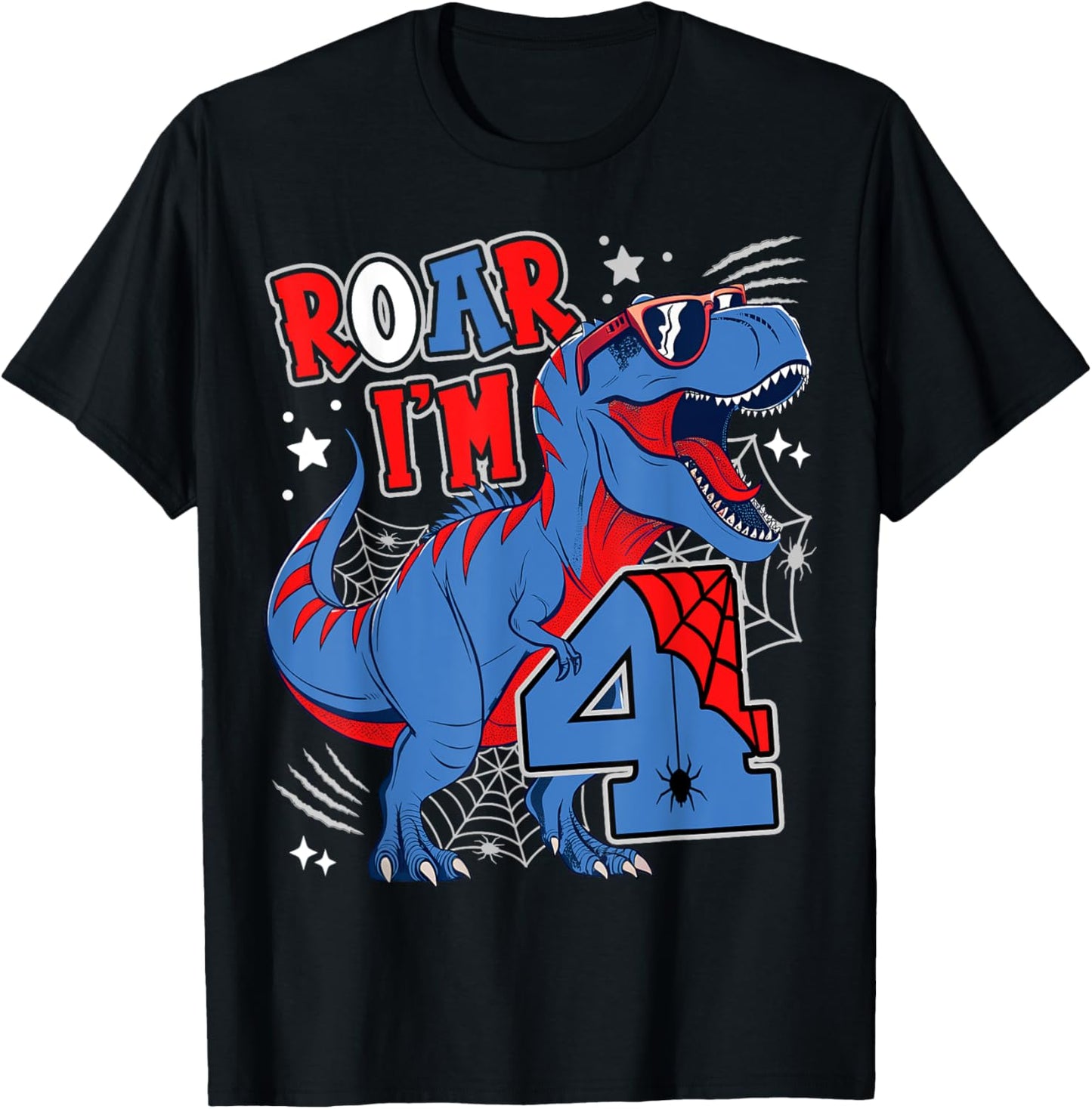 Dinosaur 4th Birthday Spider Theme Party 4 Years Old Boy T-Shirt
