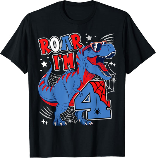 Dinosaur 4th Birthday Spider Theme Party 4 Years Old Boy T-Shirt