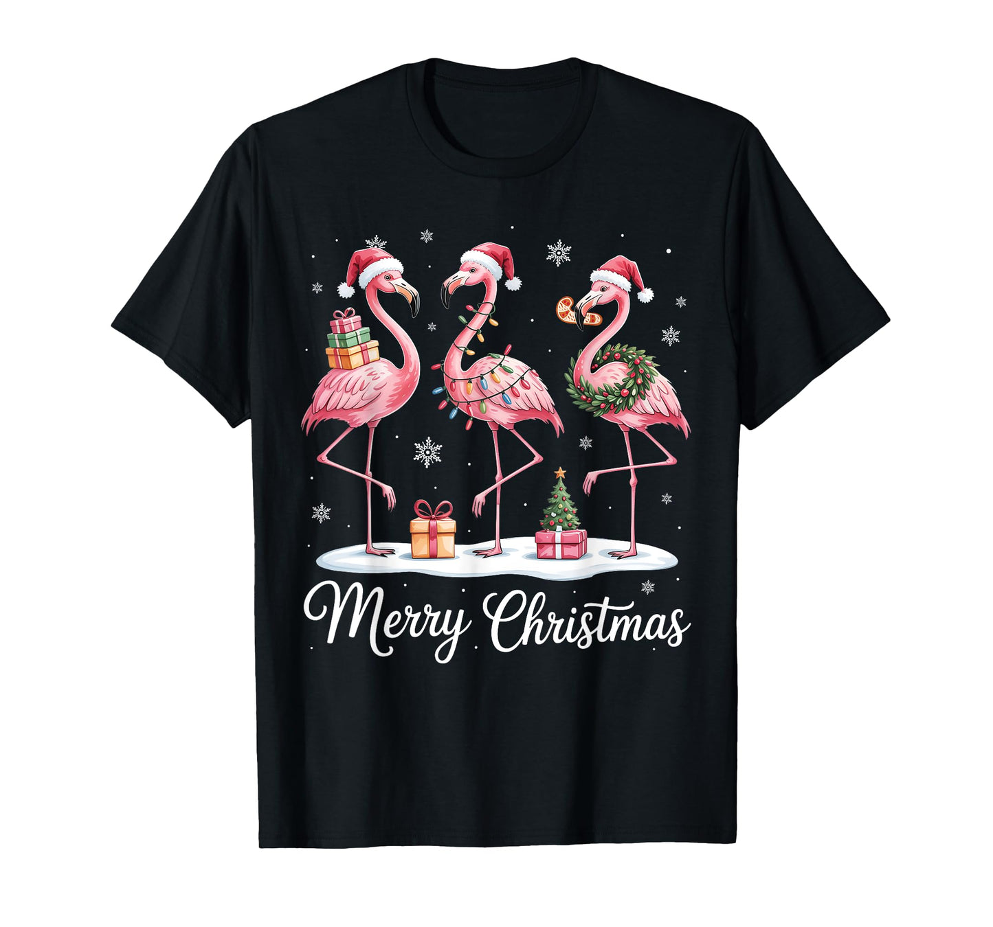 Merry Christmas Cute Flamingo Santa Snow Xmas Lights Pajamas T-Shirt