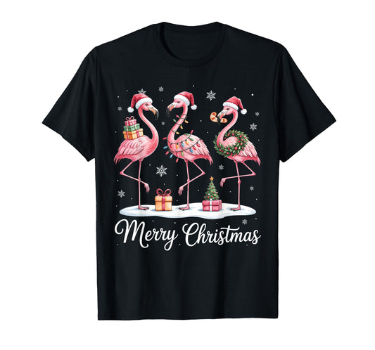 Merry Christmas Cute Flamingo Santa Snow Xmas Lights Pajamas T-Shirt