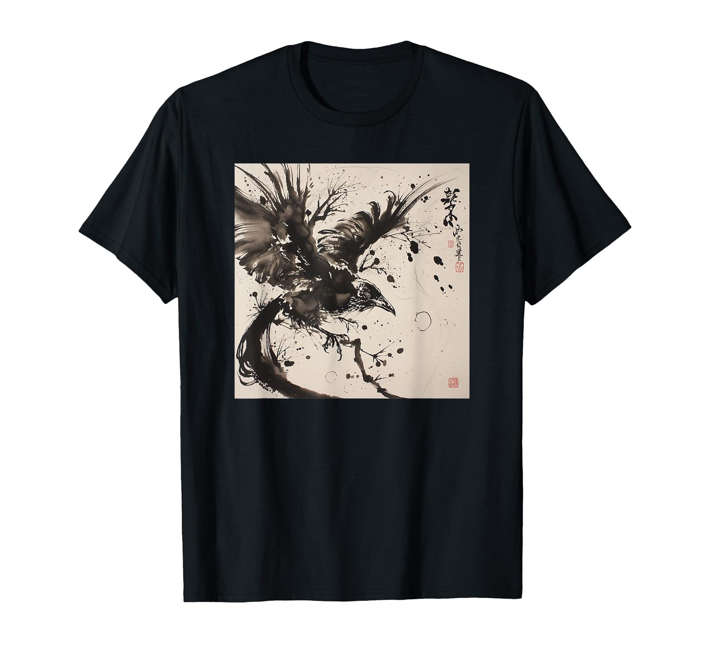 Japanese Ink Art Crow- Raven Ink Art Graphic T-Shirt