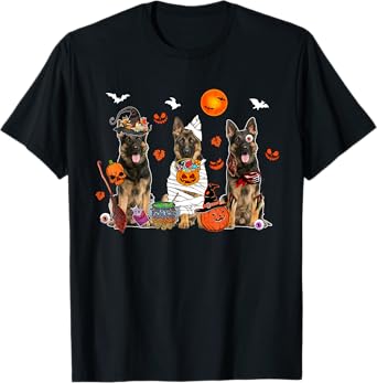 Three German Shepherds Witch Scary Mummy Halloween Zombie T-Shirt