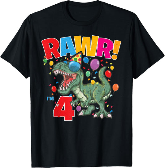 4th Birthday Dinosaur Dino Party T Rex RAWR I'M 4 Year Old T-Shirt
