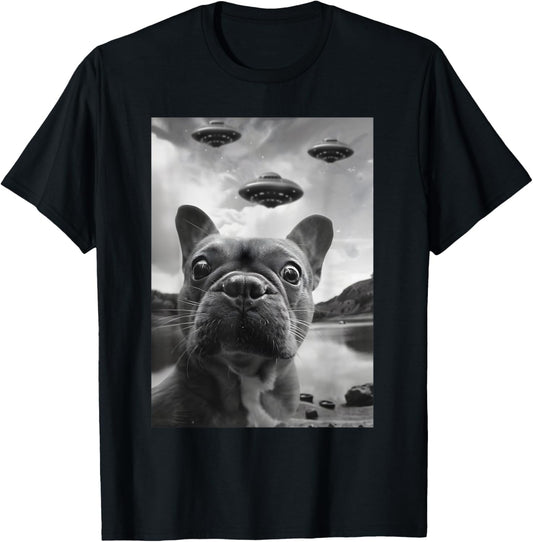 Funny French Bulldog Selfie with UFOs Weird Puppy Dog T-Shirt