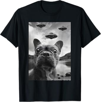 Funny French Bulldog Selfie with UFOs Weird Puppy Dog T-Shirt
