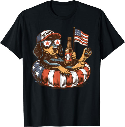 Funny USA Dachshund Beer Floatie 4th Of July America Flag T-Shirt