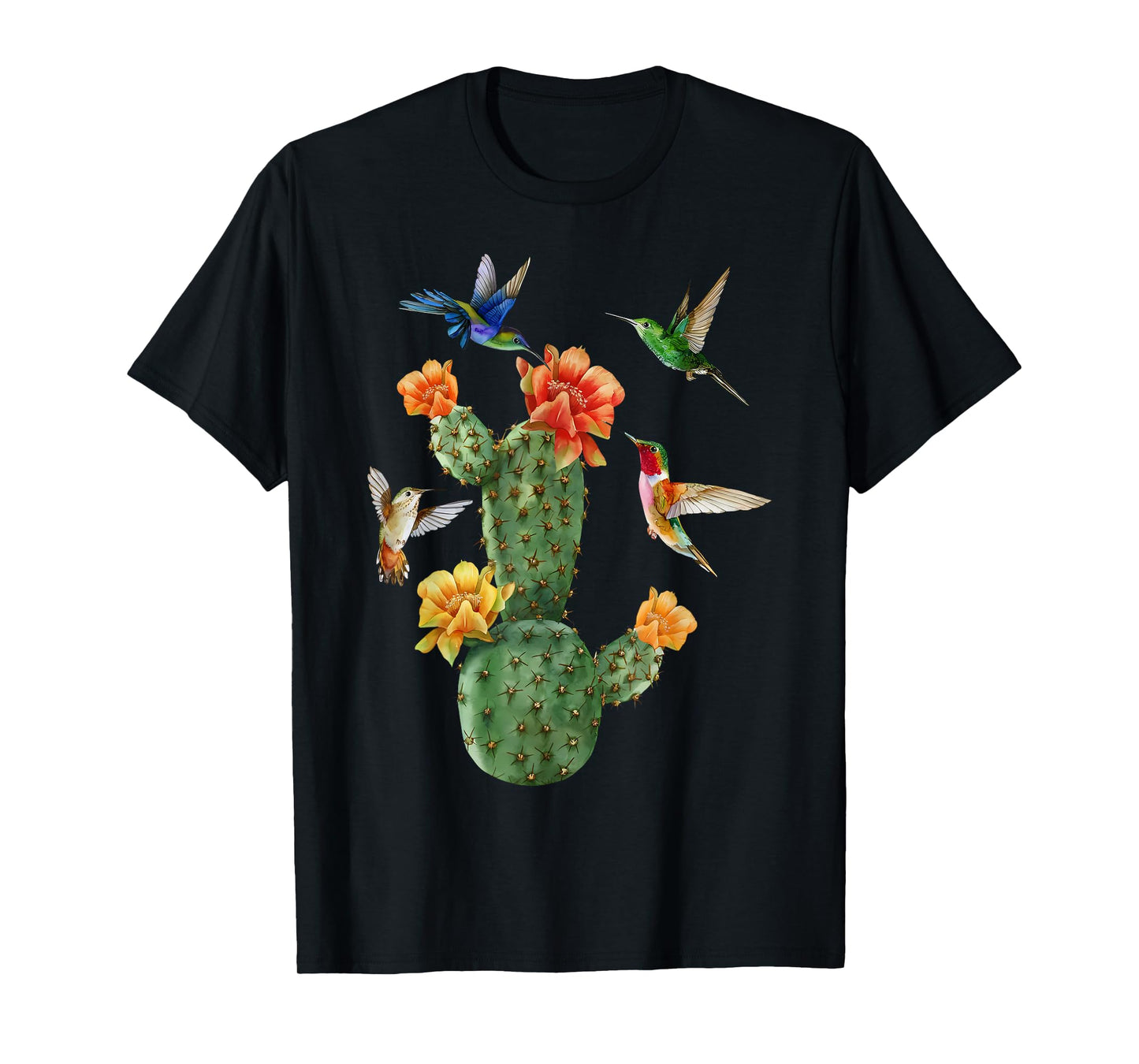 Watercolor Cacti Hummingbird Flower Botanical Gardener Women T-Shirt