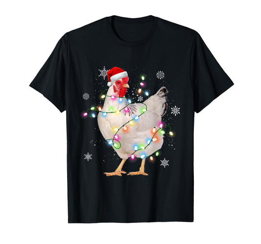 Santa Chicken Christmas Lights Farmer Xmas Chicken Lover T-Shirt