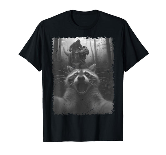 Funny Raccoon Selfie with T-Rex Dinosaur and Bigfoot T-Shirt