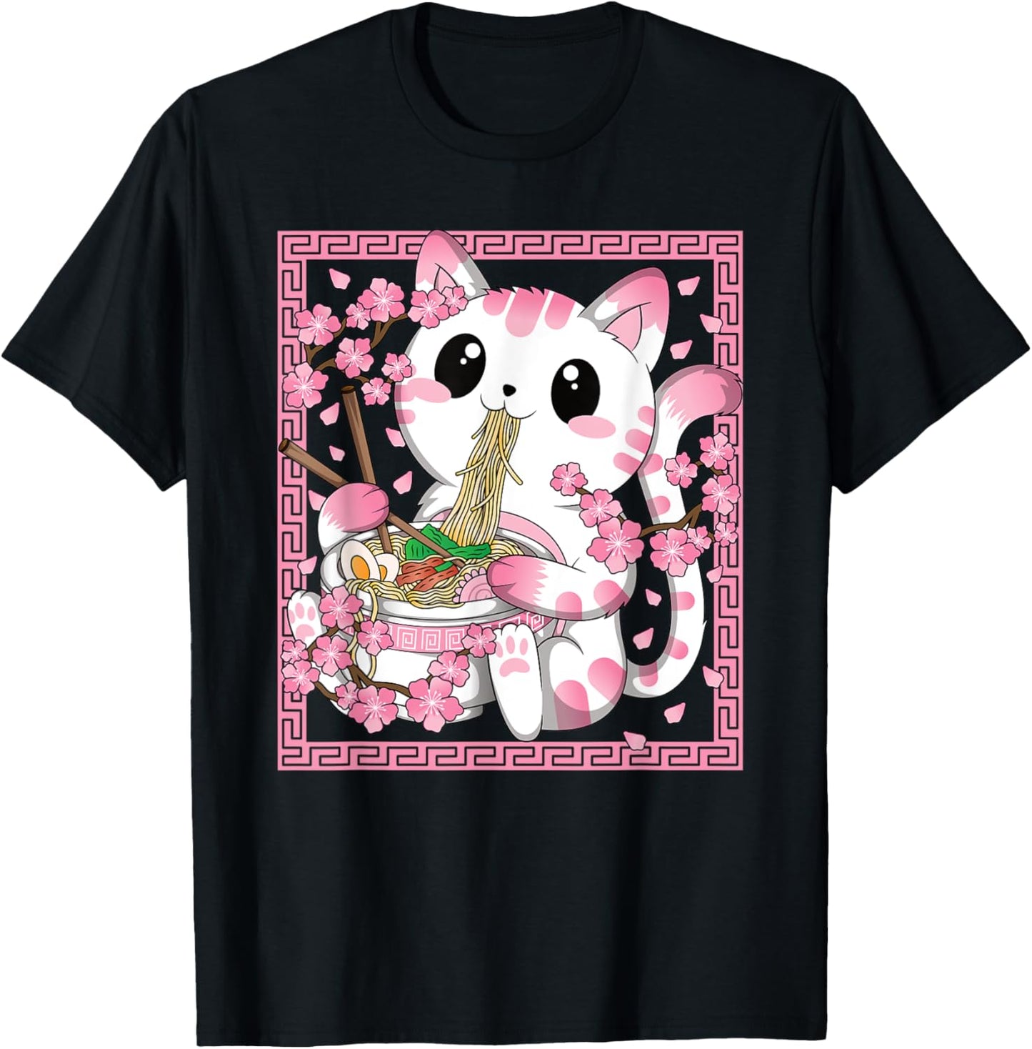 Pink Kawaii Cat Ramen Noodles Anime Japanese Cherry Blossom T-Shirt