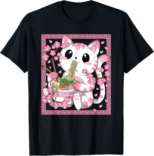 Pink Kawaii Cat Ramen Noodles Anime Japanese Cherry Blossom T-Shirt