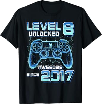 Level 8 Unlocked Video Game Party 8th Birthday Gamer Boys T-Shirt