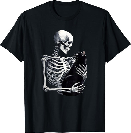 Funny Skeleton Playing With A Cat Graphic Skull Cat Costume T-Shirt