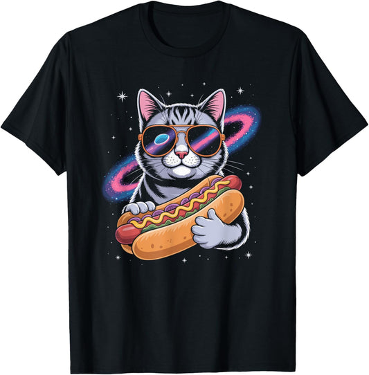 Funny Cat Eating Hot-Dog In Space Mens Womens Astronaut Cat T-Shirt