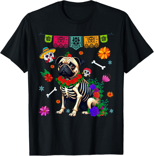 Funny Sugar Skull Pug Dog Flowers Dia de Muertos Halloween T-Shirt