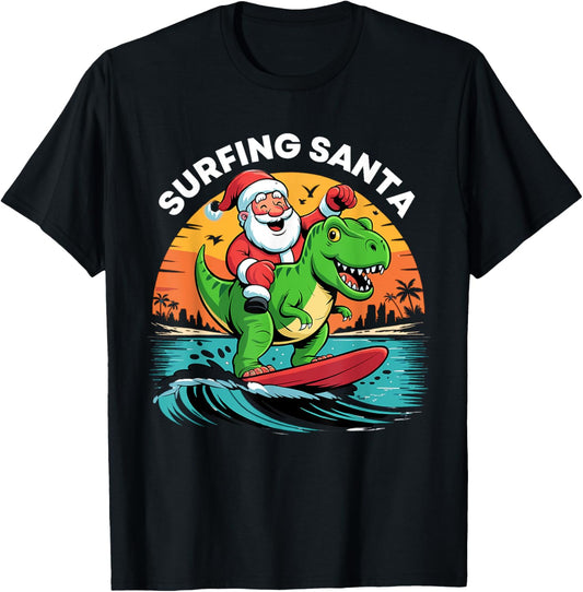 Surfing Santa on Dinosaur for summer vacation T-Shirt T-Shirt