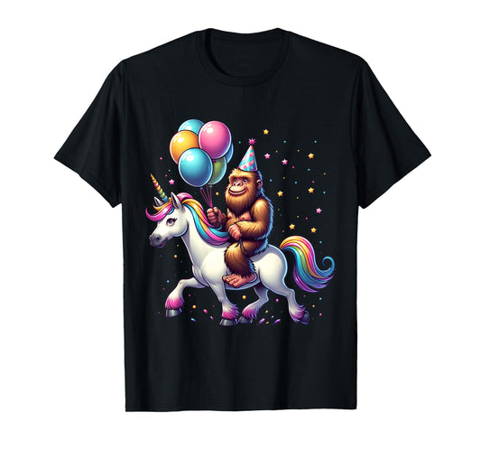 Bigfoot Sasquatch Riding Unicorn. Funny Bigfoot Birthday T-Shirt