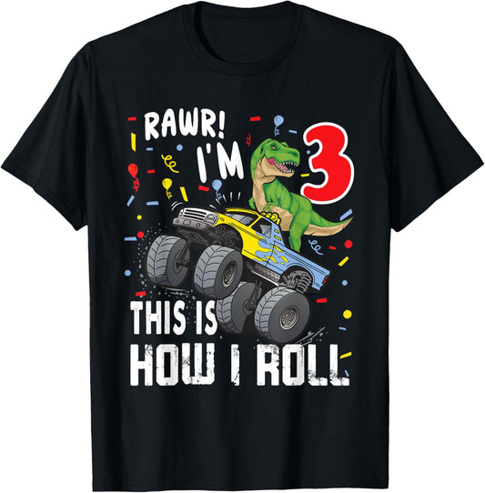 3 Year Old 3rd Birthday Boy T Rex Dinosaur Monster Truck T-Shirt