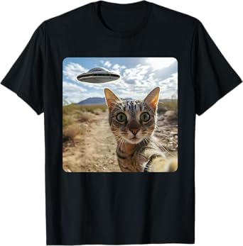 Extraterrestrial Encounter: Cat Selfie with Alien UFO T-Shirt