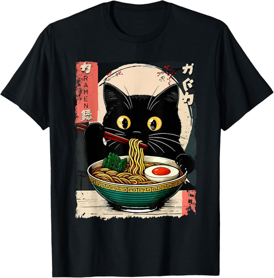 Vintage Black Cat Eating Ramen Noodles Japanese Kawaii Meme T-Shirt