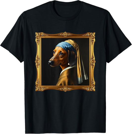 Dachshund Girl Dog with a Pearl Earring Famous Painting T-Shirt