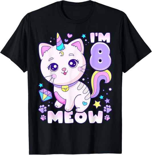 Birthday girl 8 years old, cat, unicorn, 8th birthday T-Shirt