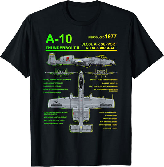 Dinosaurus Rekx A-10 Thunderbolt II Warthog Military Jet Blueprint T-Shirt - Unisex-Adults, Black, Small
