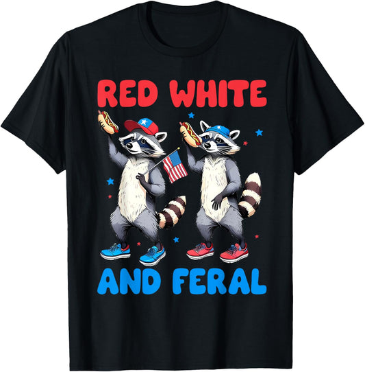 Red White And Feral 4th Of July Raccoon Hot Dog Kids America T-Shirt