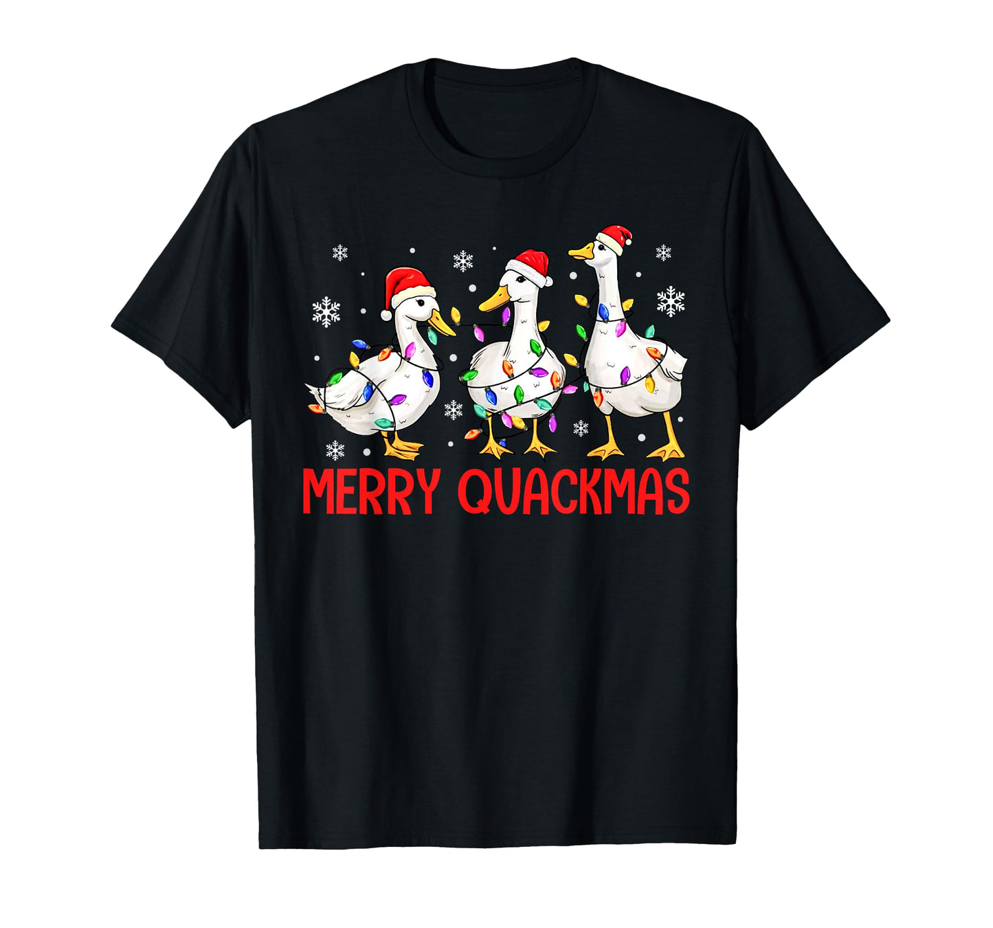 Funny Merry Quackmas Duck Santa Hat Christmas Lights Duck T-Shirt