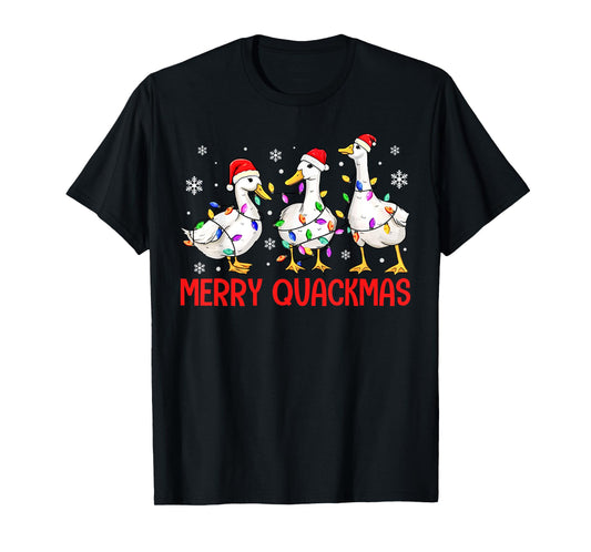 Funny Merry Quackmas Duck Santa Hat Christmas Lights Duck T-Shirt