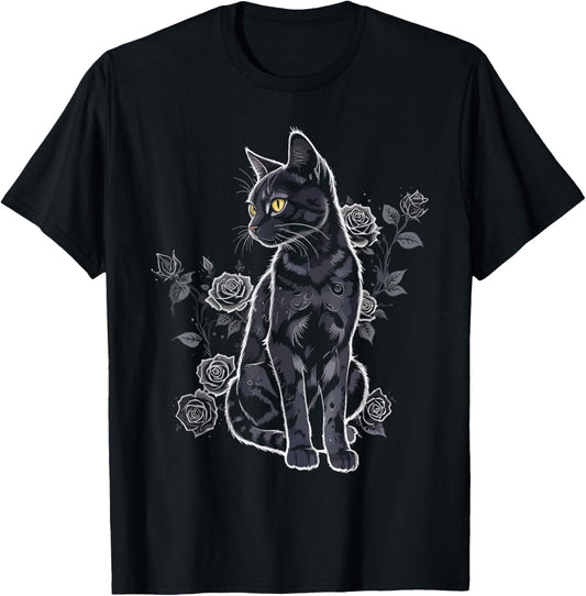 Black Roses Alt Aesthetic Nu Goth Teen Goth Cat T-Shirt